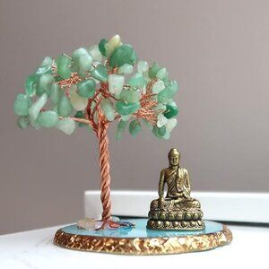 Buddha Statue with Healing Crystal Tree, Home Decor Yoga Meditation Office Desk